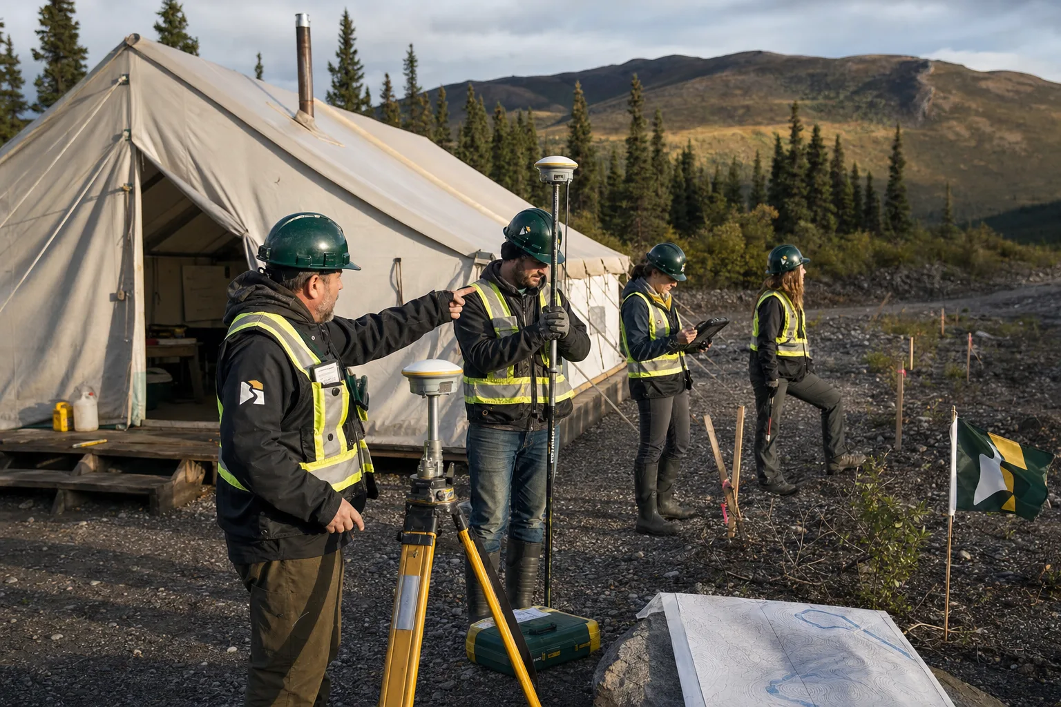 Field group learning GPS survey control at a Klondike mine camp