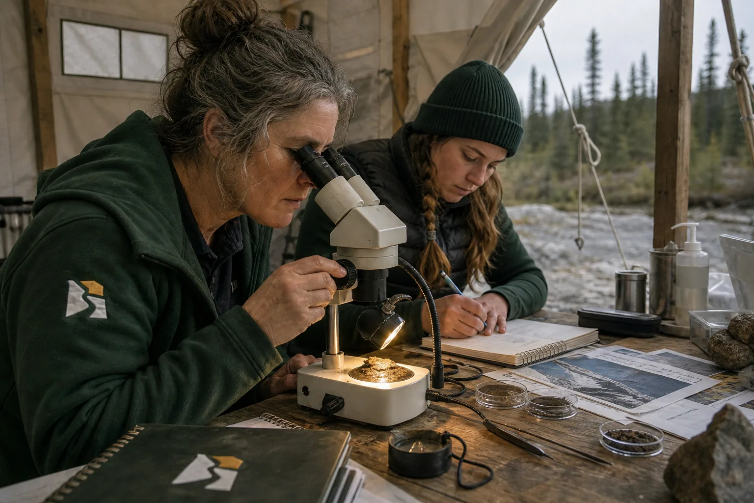 Students identifying placer material with a field microscope